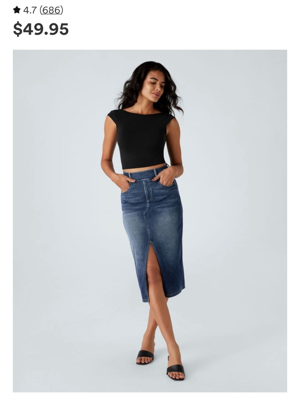 Denim Midi Skirt High waisted body on with Front Slit